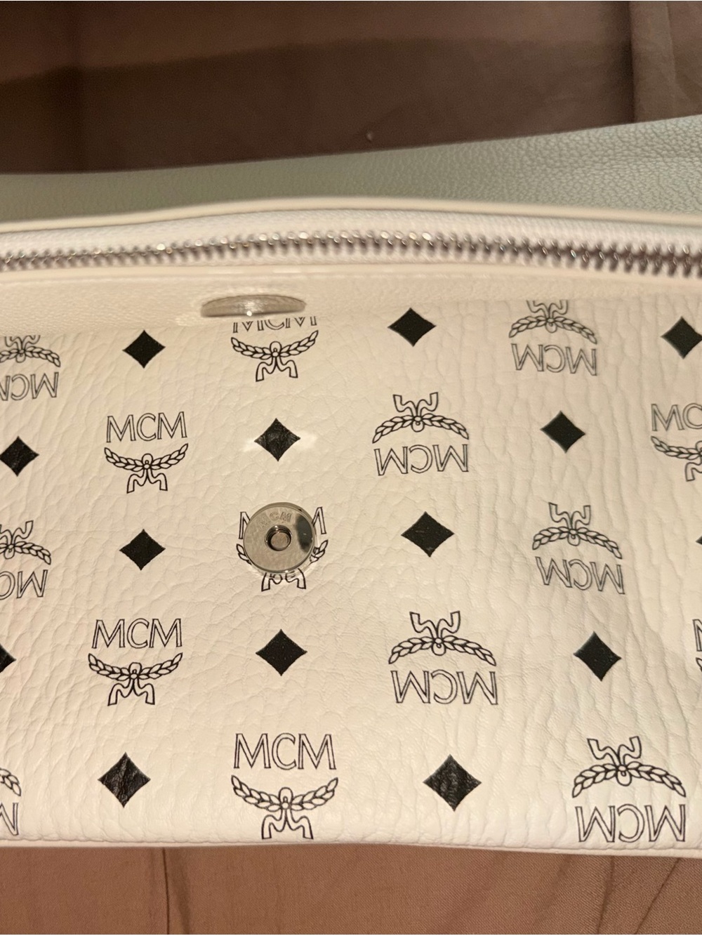 MCM White Logo-Print Wristlet with Black Motifs